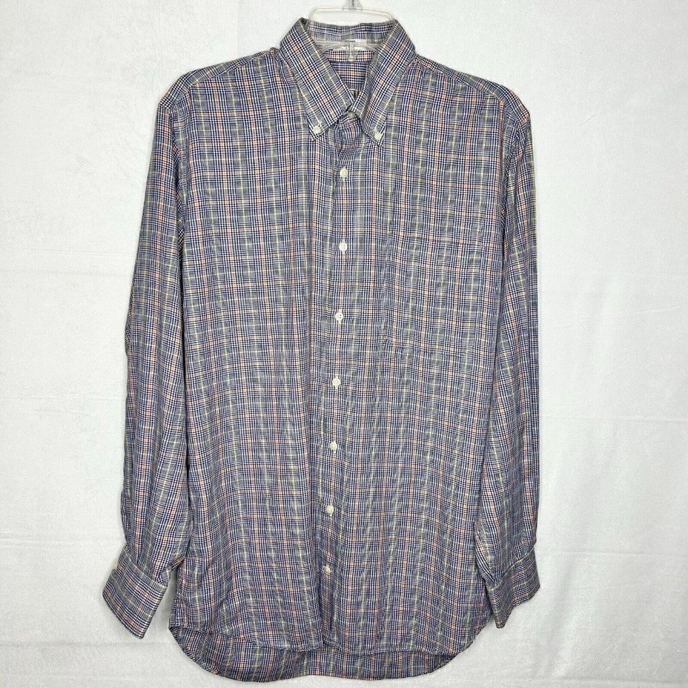 PETER MILLAR Mini Houndstooth Plaid Button-Down Cotton Shirt Blue Orange Sz M